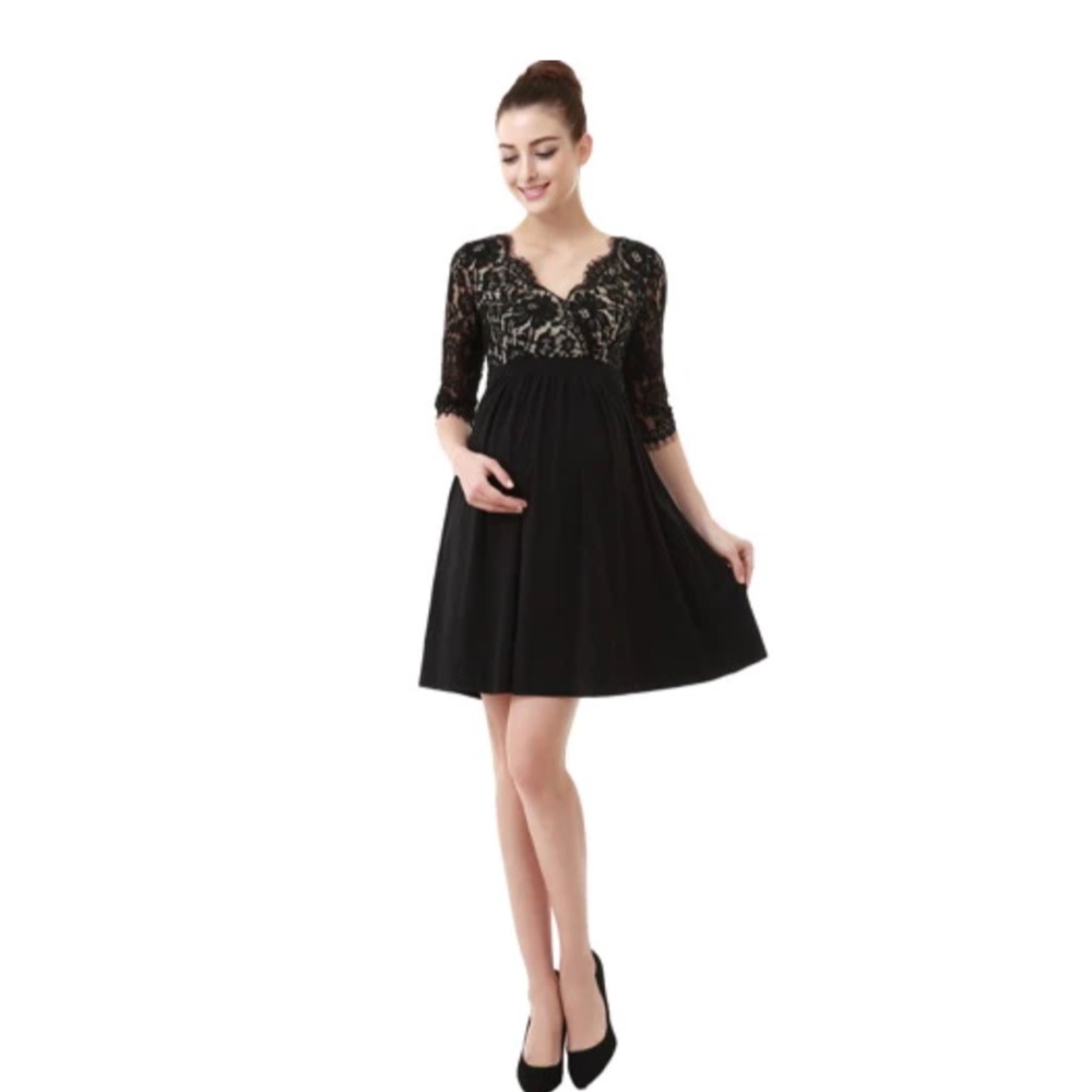 Momo Maternity Lace V-Neck Empire Waist Dress - Medium/Black NWT